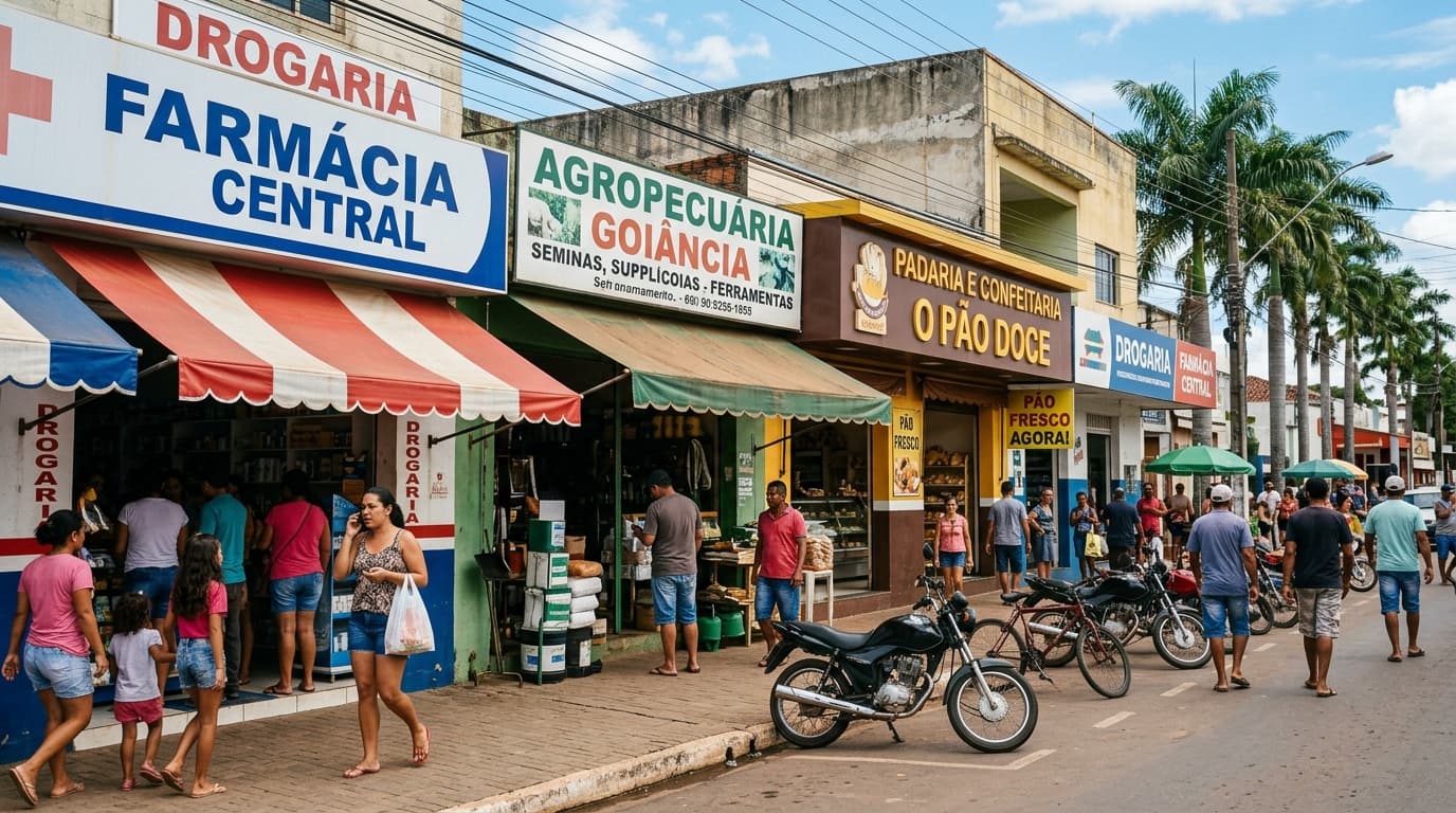 Comércio ativo na avenida principal do centro de Turvânia