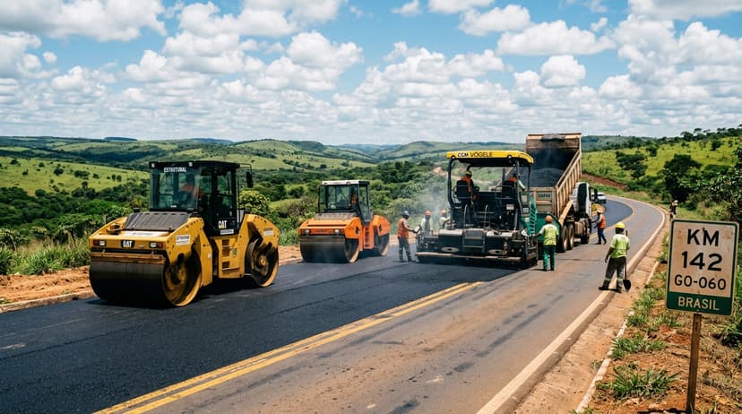 Máquinas e operários trabalhando na pavimentação da rodovia GO-060