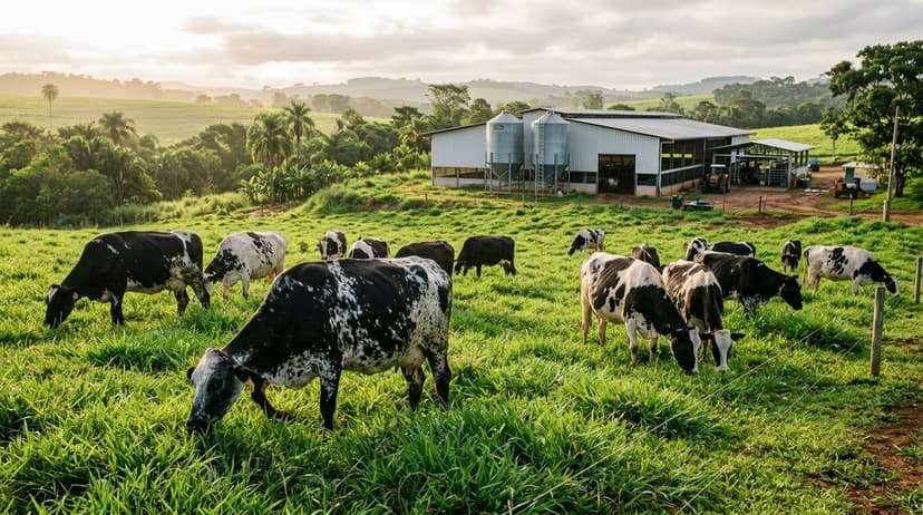 Rebanho de vacas Girolando em pasto rotacionado em propriedade leiteira de Turvânia