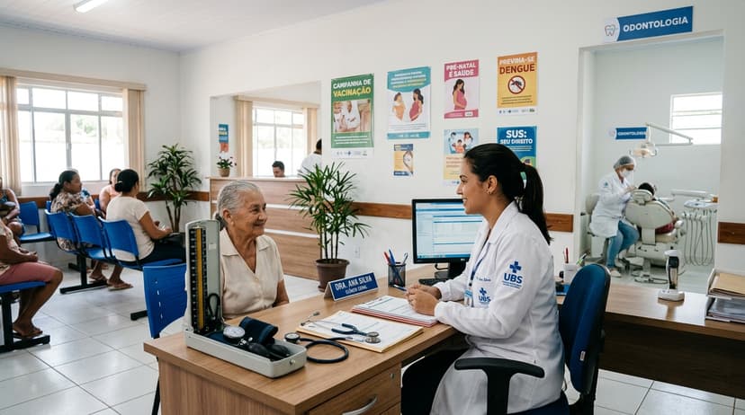 Consultório e equipe médica em atendimento na UBS Central de Turvânia